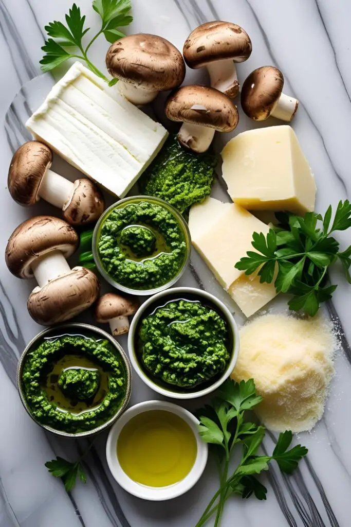  Close up of cheesy, pesto‑stuffed mushrooms baked to golden perfection.