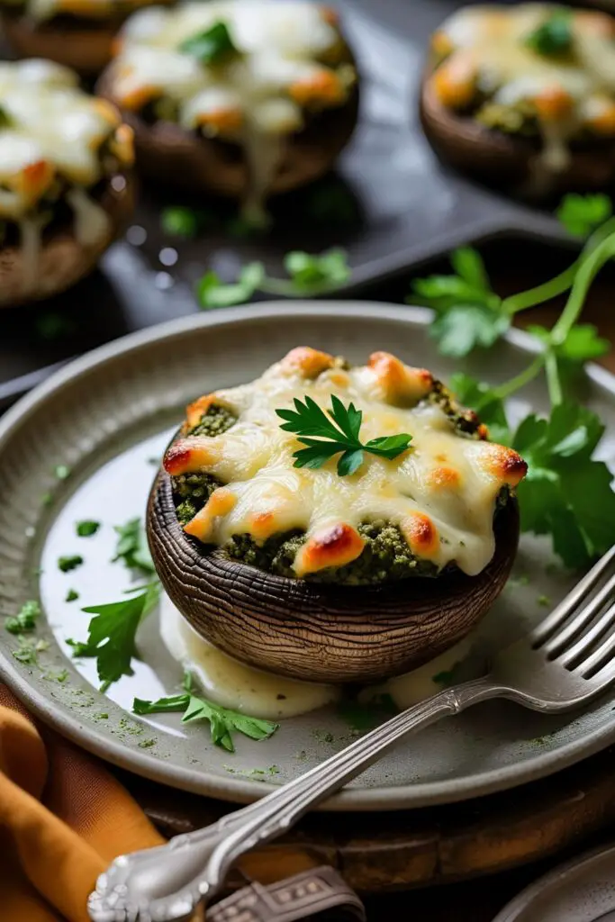 Stuffed mushrooms with pesto and melted cheese, plated elegantly on a rustic platter.