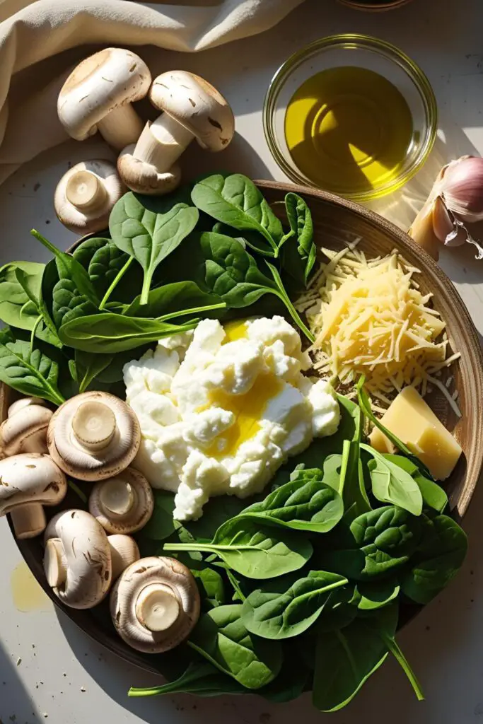 Close-up of a spinach and ricotta stuffed mushroom on a decorative platter.