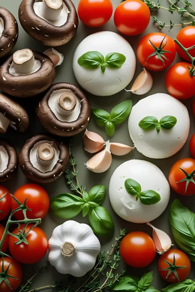 Overhead shot of two stuffed portobello mushrooms topped with melted cheese and tomatoes, plated elegantly.