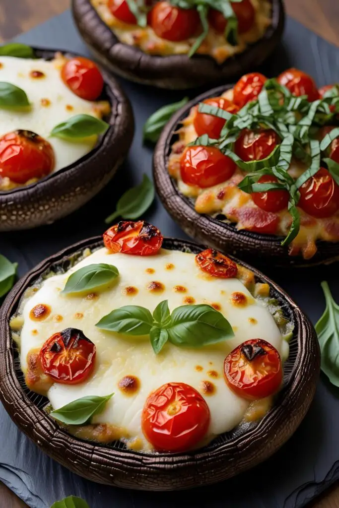 Side angle close-up of stuffed portobello mushroom dripping mozzarella, highlighted with fresh herbs.