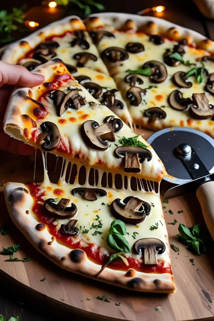 Freshly baked mushroom pizza on a stone surface with crispy edges and bubbling cheese