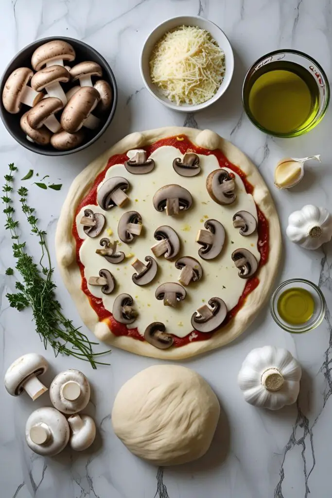 Golden homemade mushroom pizza topped with melted cheese and herbs, served hot on a wood board