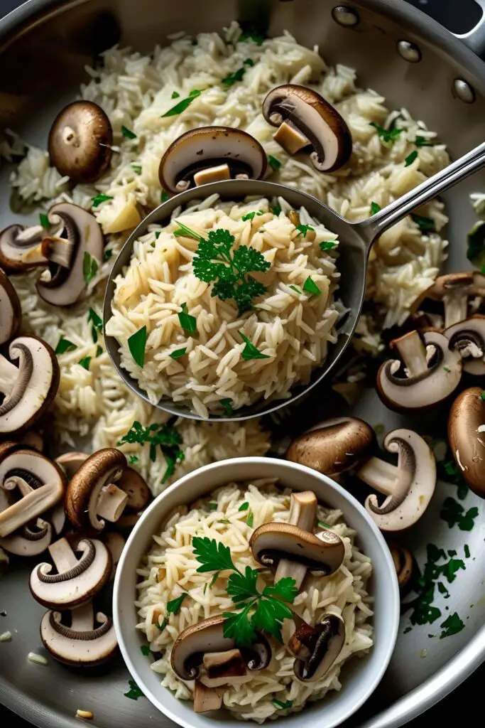 A pan of cooked mushroom rice with a spoon ready to serve.