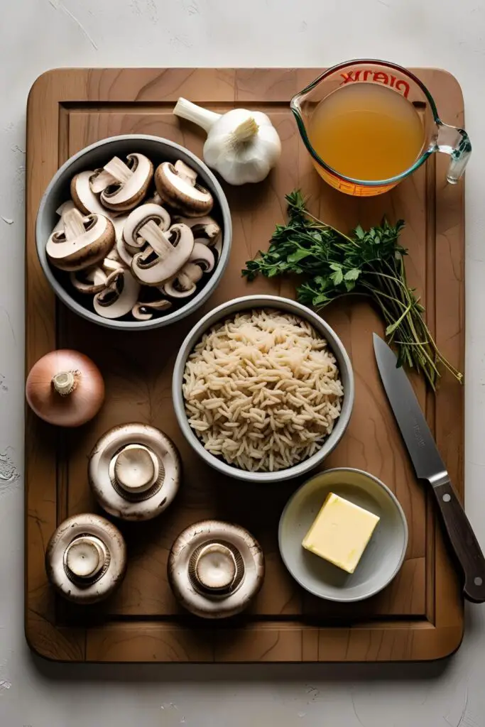  Close-up of creamy mushroom rice topped with herbs in a rustic bowl.