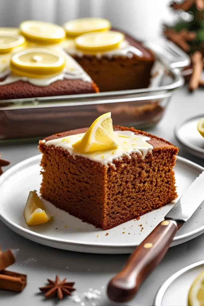 A close-up of a soft gingerbread slice showing its rich, moist texture and golden brown crust, topped with a drizzle of lemon glaze.