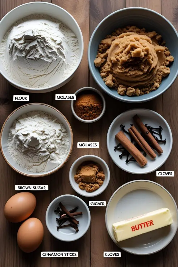 A flat lay photo of gingerbread ingredients including flour, brown sugar, molasses, spices, butter, and eggs labeled on a wooden kitchen counter.