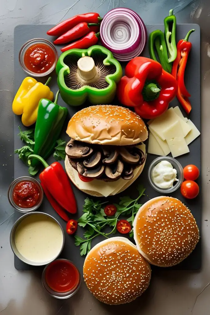 Grilled portobello sandwich layered with melted provolone, roasted red peppers, and arugula on a toasted bun, served on a rustic wooden board.