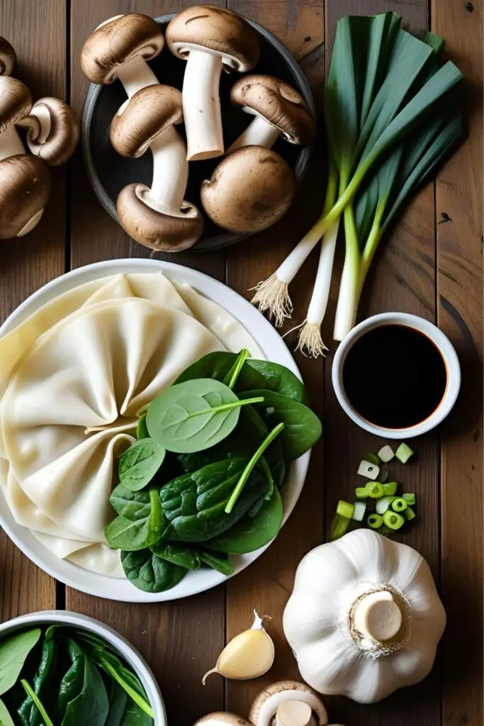 Hand holding a spoonful of mushroom wonton from a ceramic soup bowl with steamy broth and scallions.