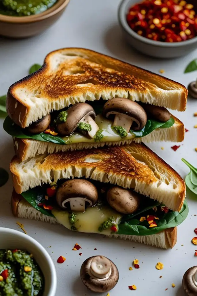 Close‑up shot of vegan mushroom pesto sandwich melting vegan cheese, vibrant plant‑based lunch.
