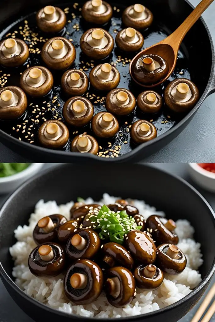 Rustic bowl of sautéed vegan mushrooms glistening with soy sauce and sprinkled with green onions