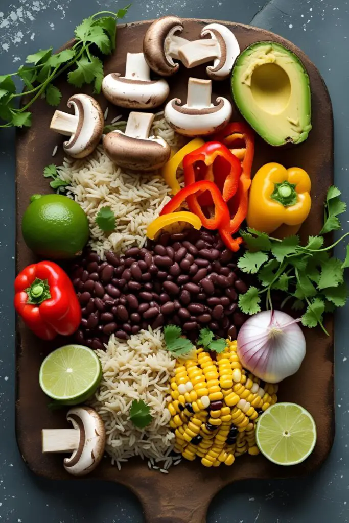 Close-up of a vegetarian burrito bowl featuring mushrooms, rice, beans, corn, and avocado.