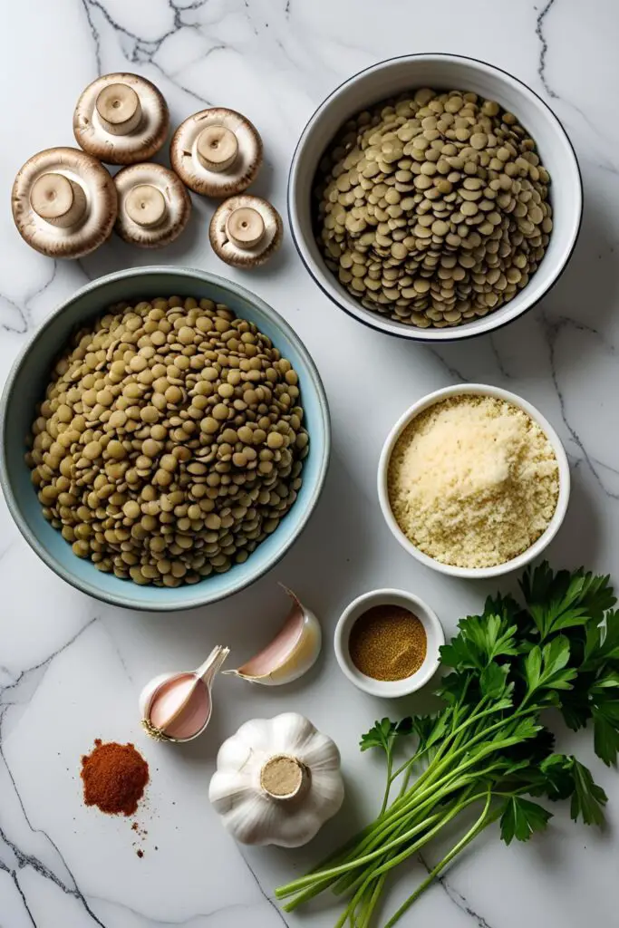 Ingredients for veggie mushroom and lentil meatballs neatly arranged on a marble countertop.
