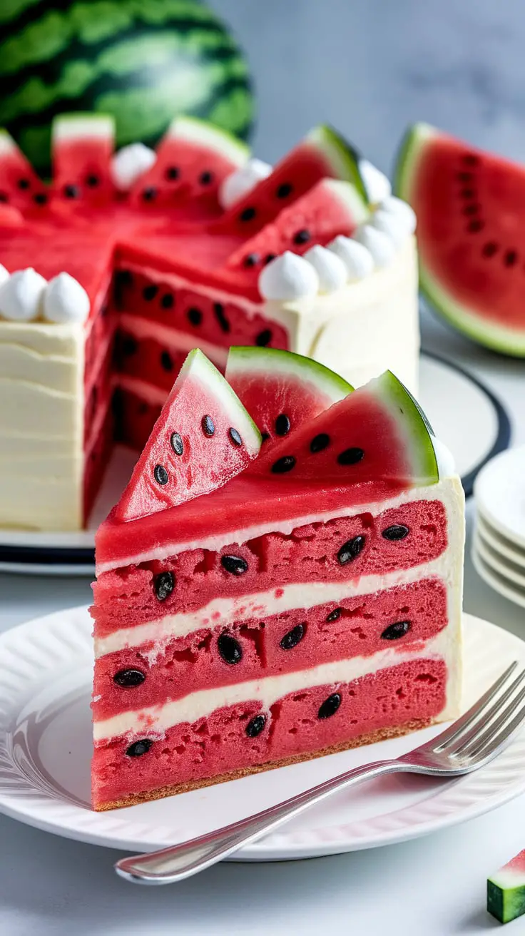 Slices of watermelon cake topped with yogurt frosting and berries on a platter