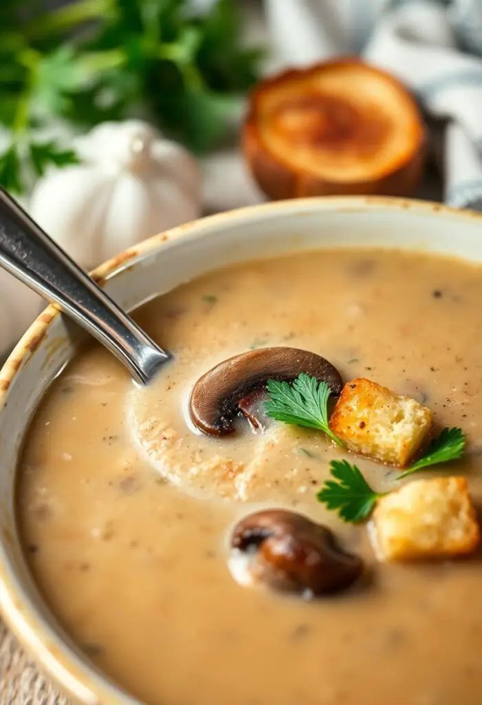 Rustic bowl of wild mushroom soup with garnish and wooden table setting