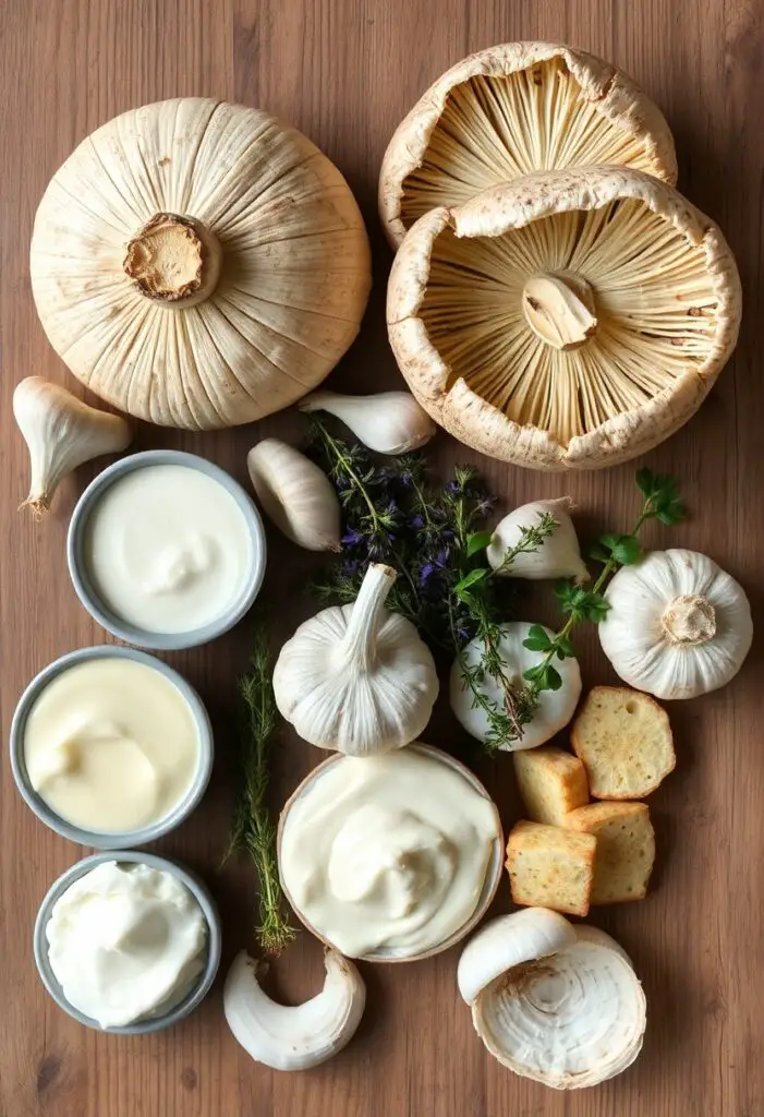 Creamy wild mushroom soup in bowl with herb garnish