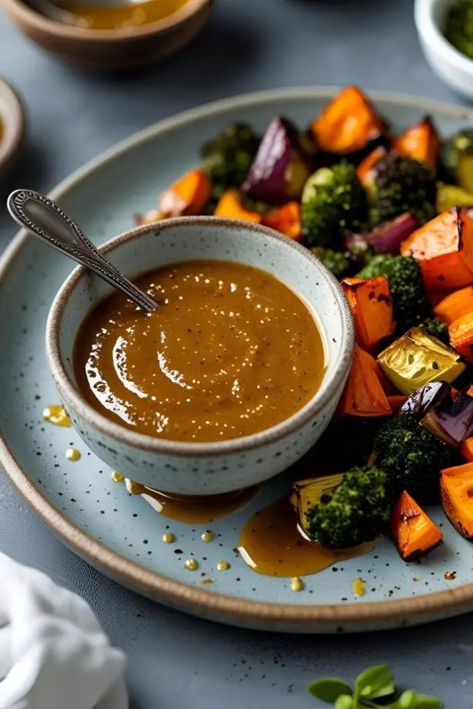 A spoonful of lemon dill sauce being poured over roasted vegetables.