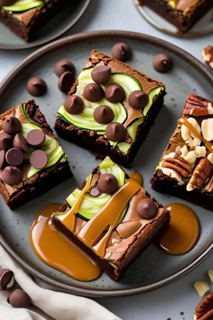 Bowl of fudgy zucchini brownie squares garnished with cocoa dust