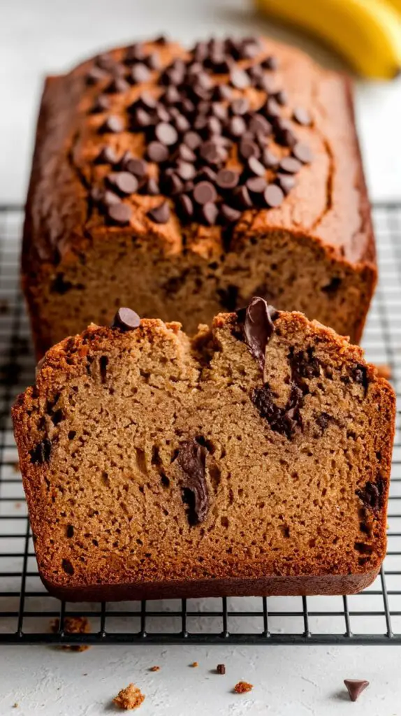 Sourdough banana bread loaf with chocolate chips cooling on a wire rack, steam rising gently.