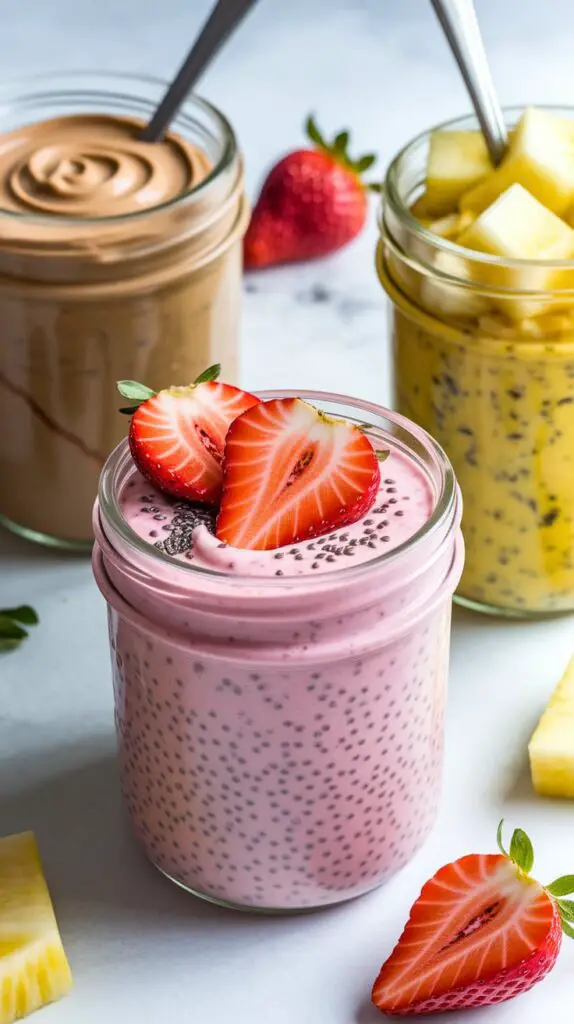 Breakfast jar of strawberry overnight oats topped with sliced strawberries and chia seeds