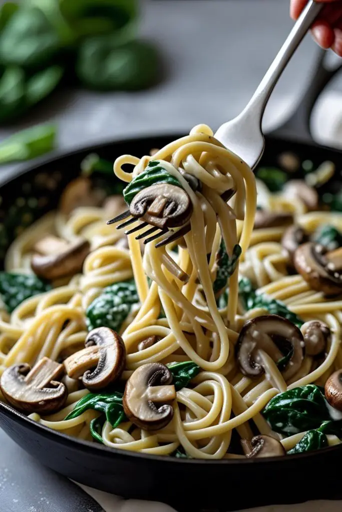One-pot creamy mushroom and spinach pasta in skillet, steaming hot and ready to serve.
