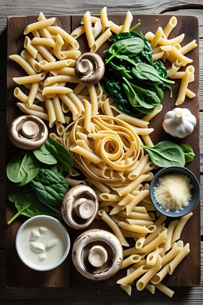 Close-up of creamy mushroom and spinach pasta drizzled with sauce, topped with cheese.