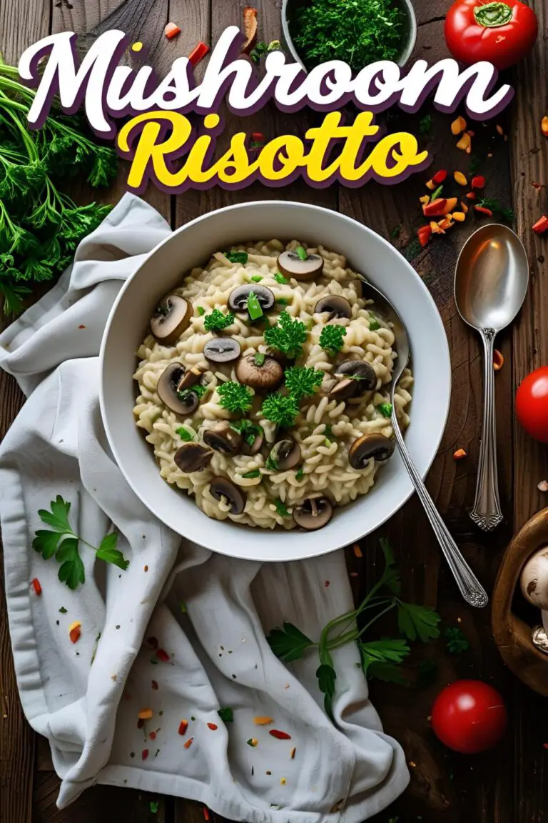 "Bowl of creamy mushroom risotto garnished with parsley."