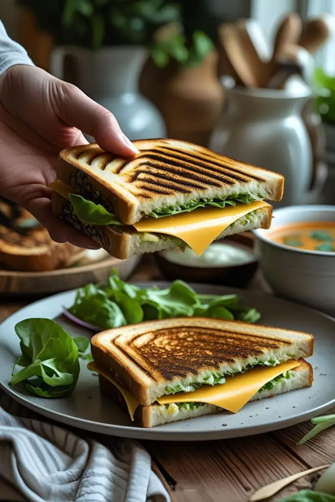 Cheesy grilled sandwich opened to reveal mushrooms and melted cheese, served with napkin.