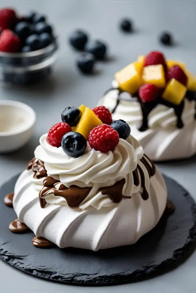 Two mini pavlovas on slate board—one berry, one chocolate drizzle