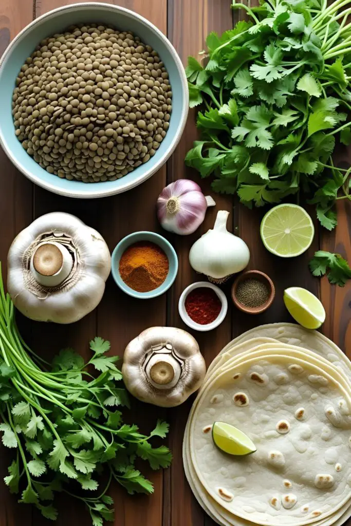 A vibrant plate of vegan mushroom and lentil tacos ready to eat.