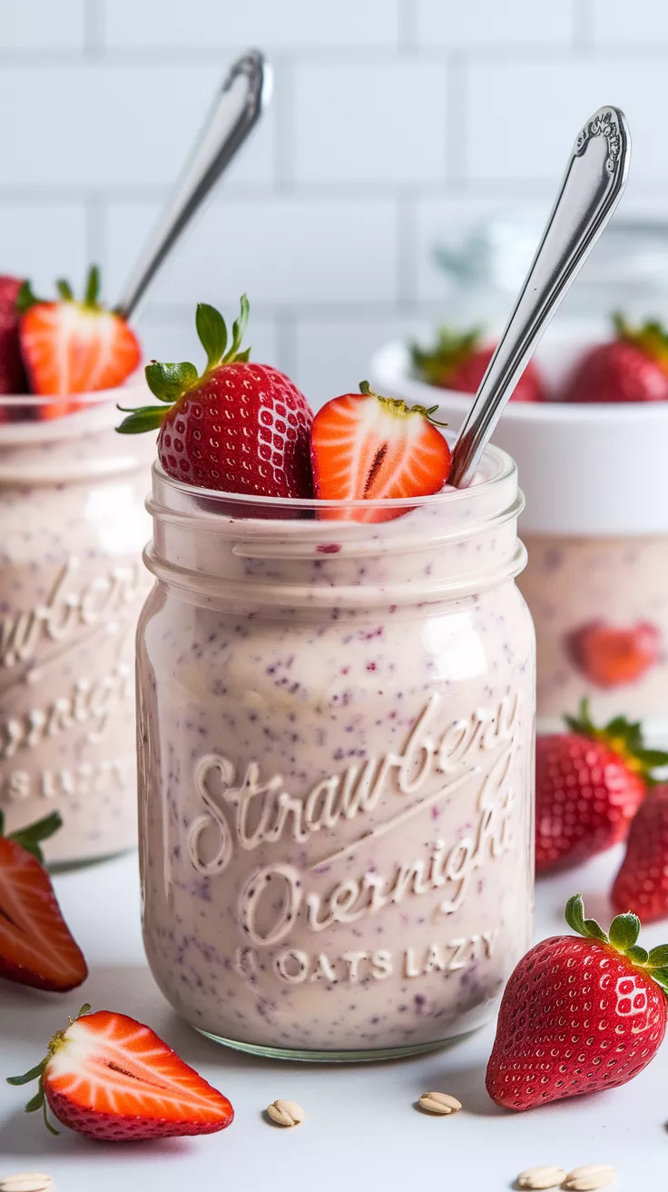 Jar of creamy strawberry overnight oats topped with fresh berries