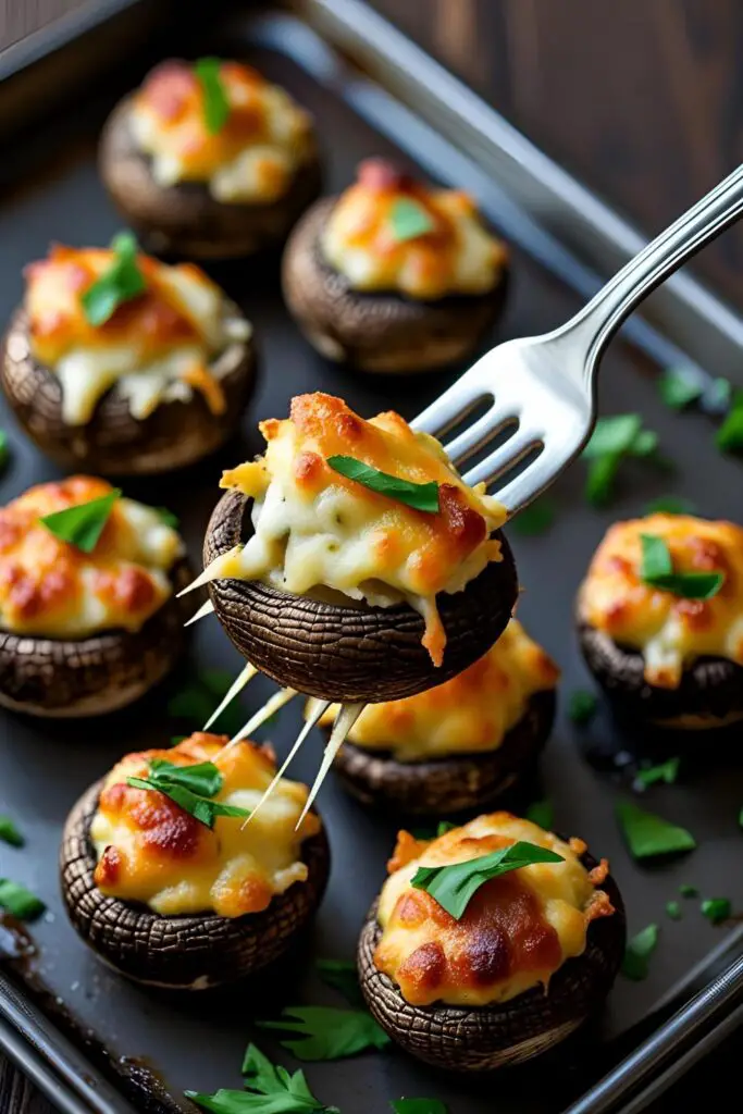  Tray of spinach and ricotta stuffed mushrooms, hot out of the oven and garnished with fresh parsley.