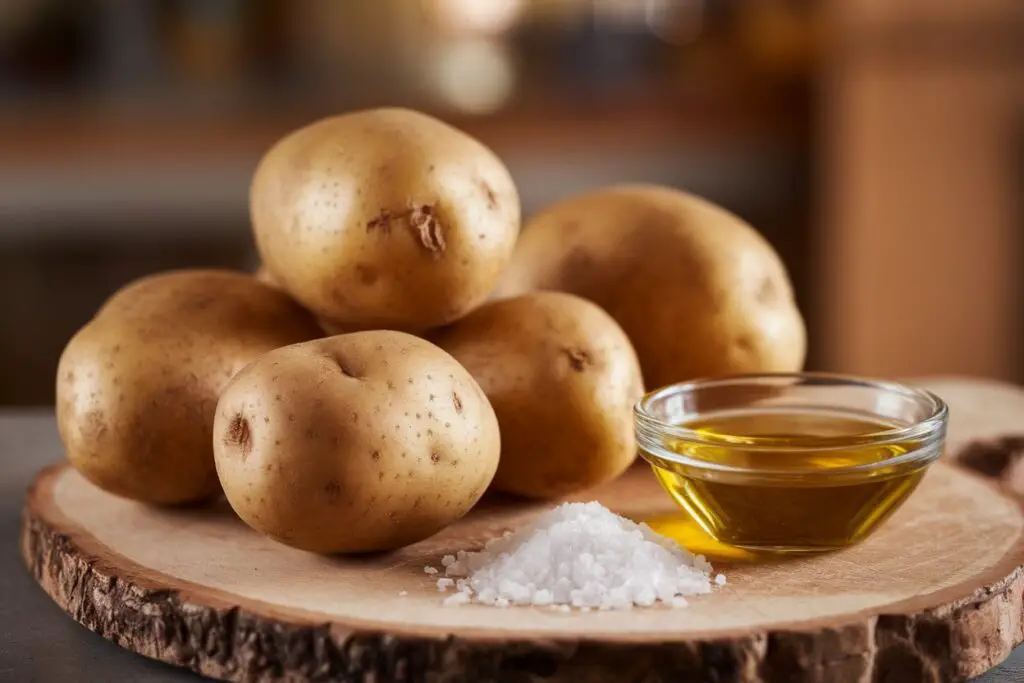 Raw Russet potatoes, olive oil, and coarse salt on a rustic cutting board.