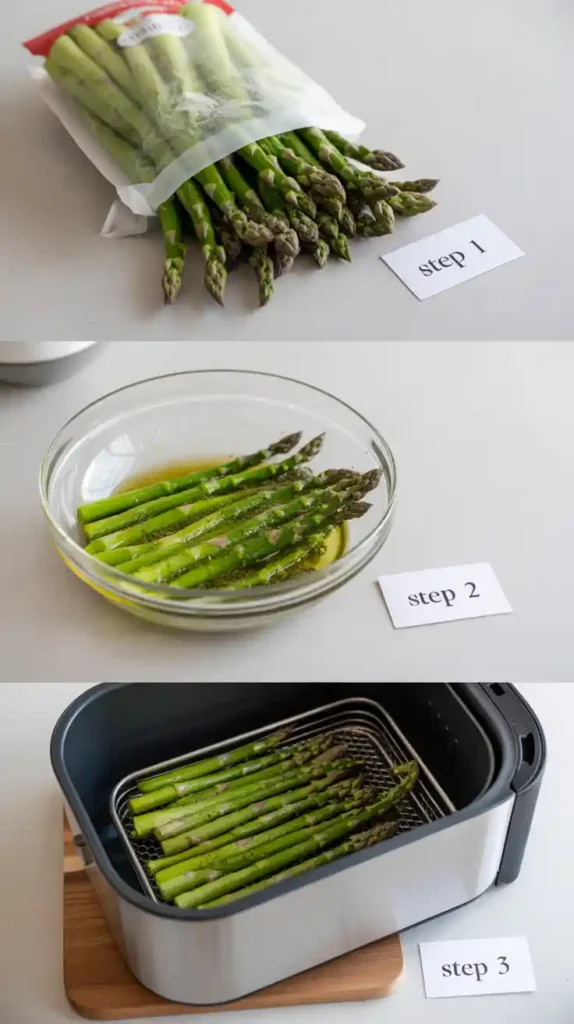 A collage showing the process of cooking frozen asparagus: the bag of spears, the seasoning stage, and the spears roasting in the air fryer.