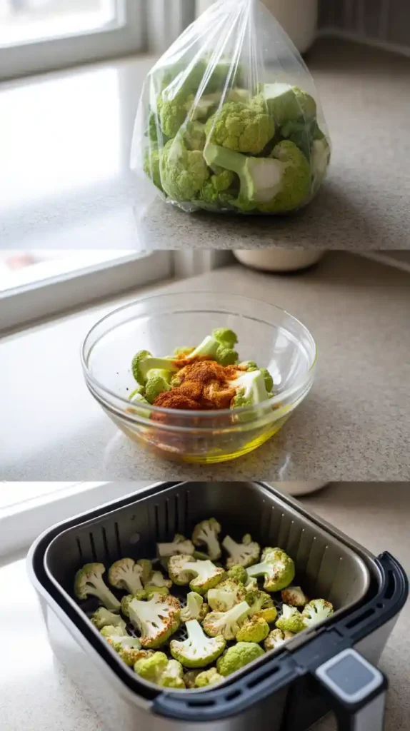 A collage showing the process of cooking frozen cauliflower: the bag of cauliflower, the seasoning stage, and the cauliflower roasting in the air fryer.