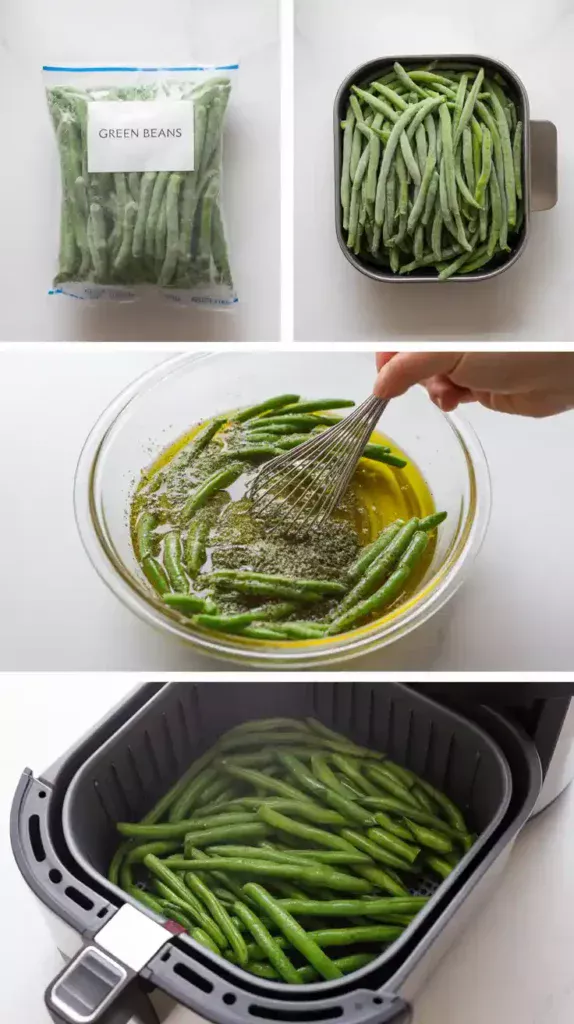 A collage showing the process of cooking frozen green beans: the bag of beans, the seasoning stage, and the beans roasting in the air fryer.