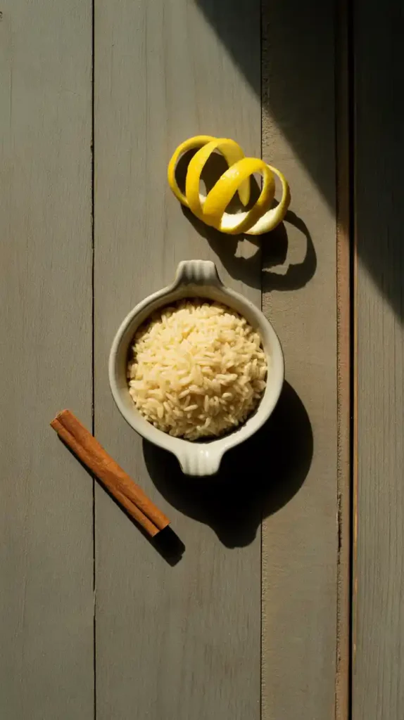 A flat lay collage showing the key ingredients and tools for making air fryer rice pudding: Arborio rice, a cinnamon stick, and an oven-safe dish.