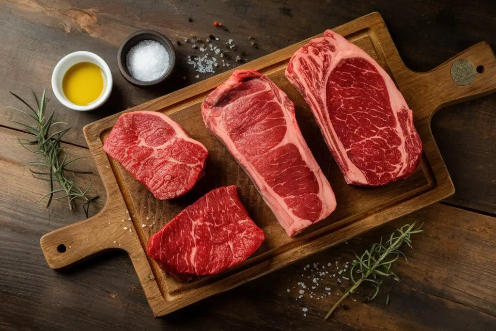 Assorted raw steak cuts, olive oil, and spices on a wooden board.