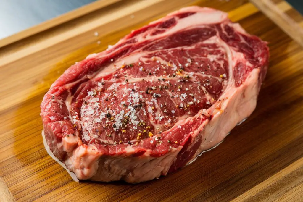 Raw steak seasoned with oil, salt, and pepper on a cutting board.