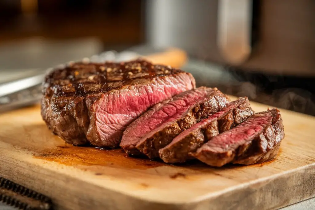 Perfectly cooked air fryer steak, sliced to show medium-rare doneness.