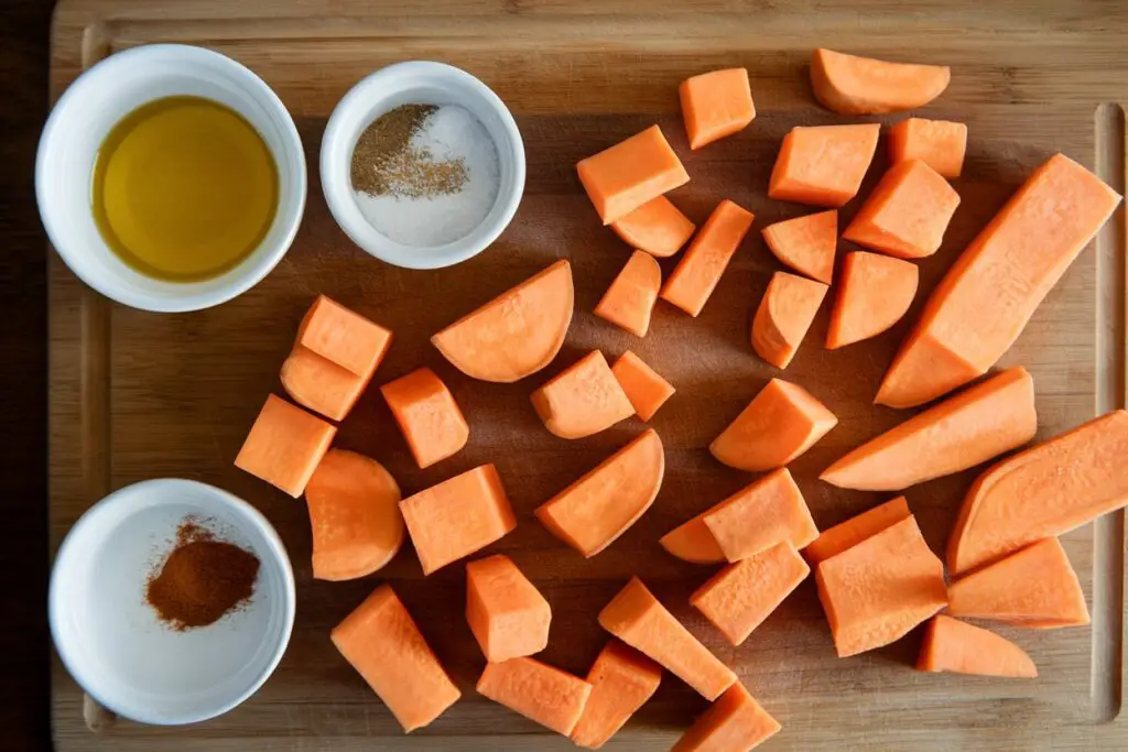 Raw sweet potatoes cut into fries, cubes, and wedges, with oil and spices.