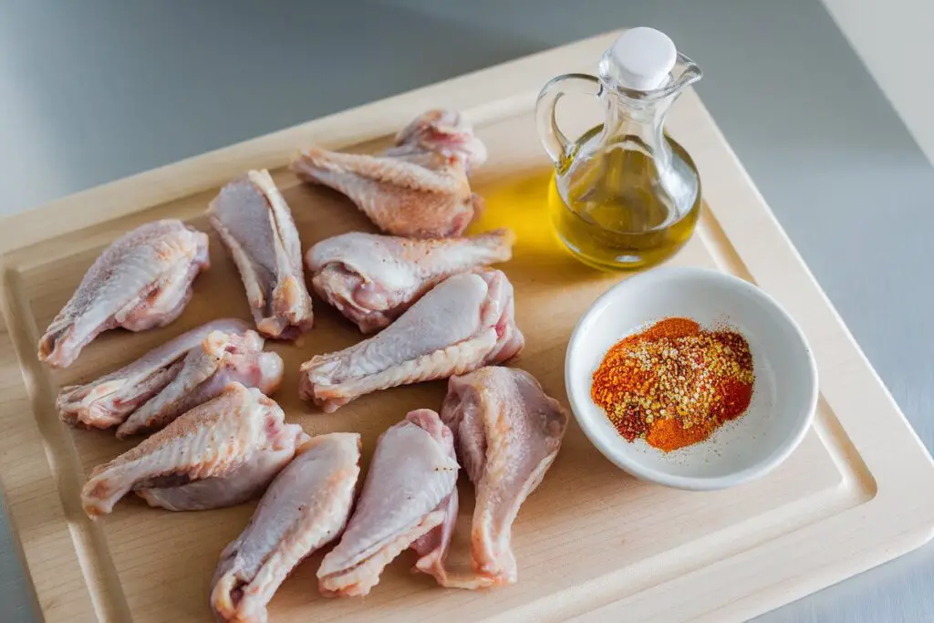 Raw chicken wings with seasoning blend and olive oil on a cutting board.