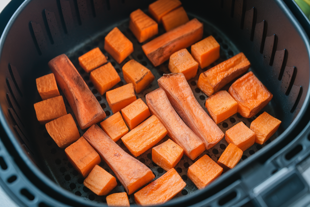 Sweet potato fries or cubes air frying in a single layer in an air fryer basket