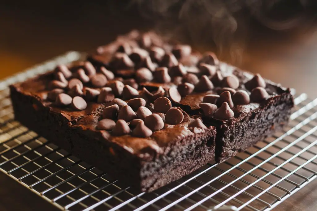 Freshly baked black bean brownies cooling in a pan on a wire rack, with melted chocolate chips visible.