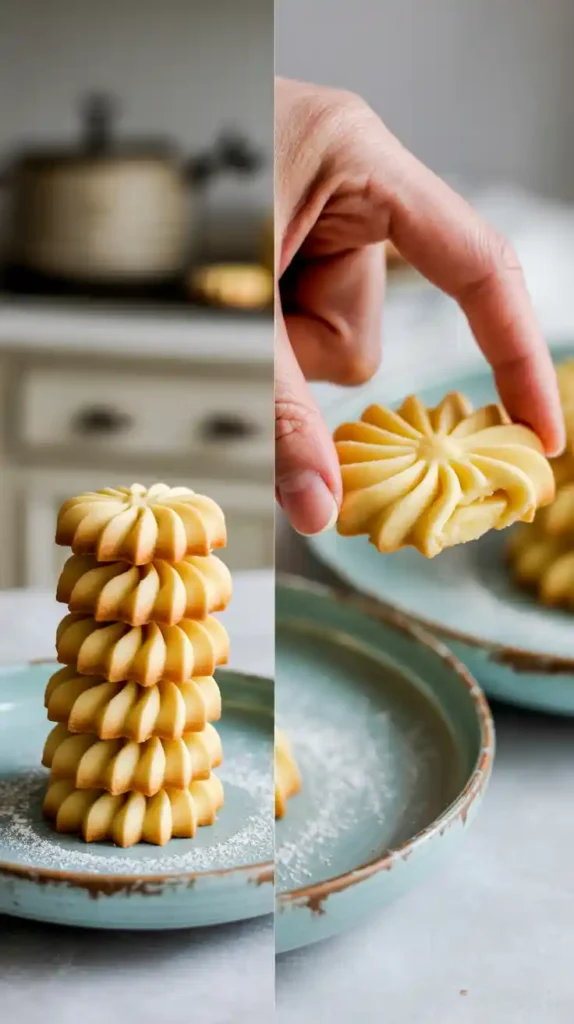 Two images of finished butter cookies. One shows a stack on a plate, the other is a close-up highlighting the cookie's delicate texture.