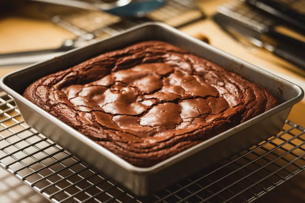 Pan of baked brownies with crinkle top