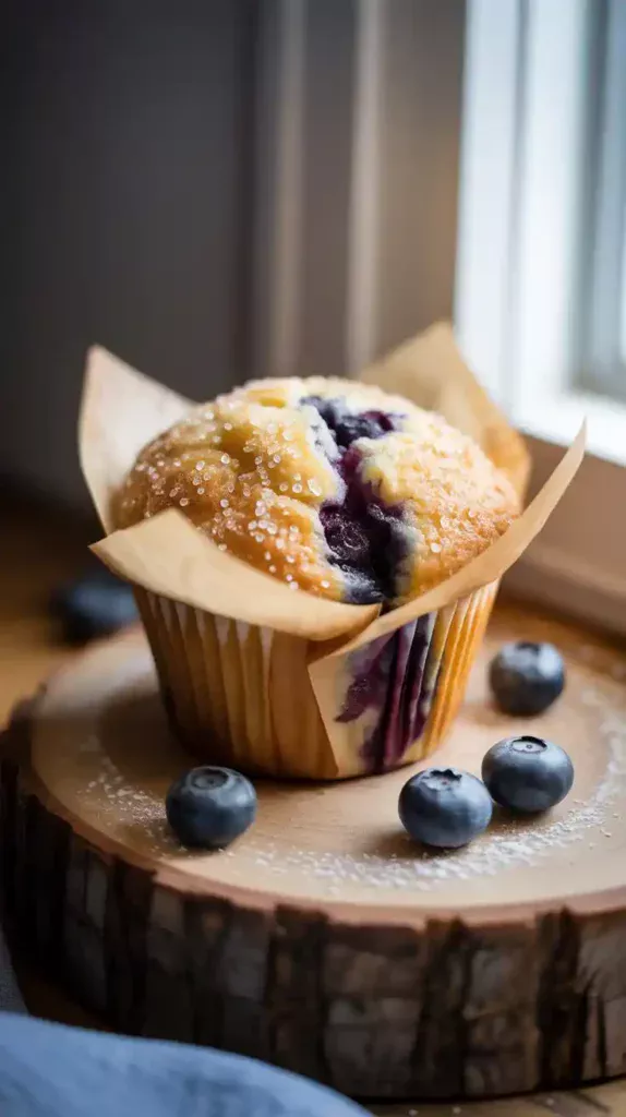A close-up photo of a single, bakery-style muffin with a crunchy sugar top, showing its moist and fluffy texture.