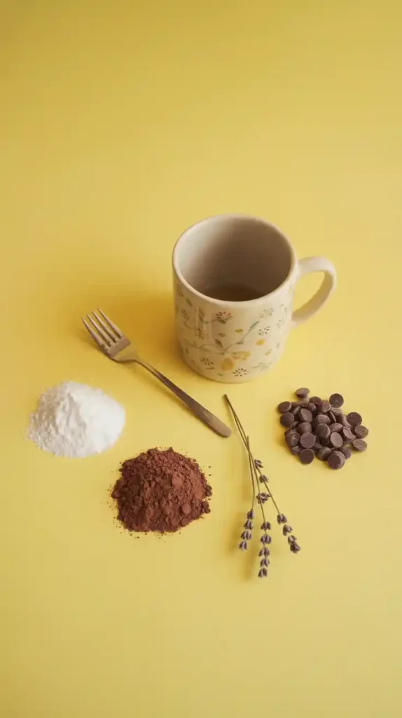 A flat lay collage showing the simple ingredients for a microwave brownie: a mug, a fork, flour, sugar, cocoa powder, and chocolate chips.