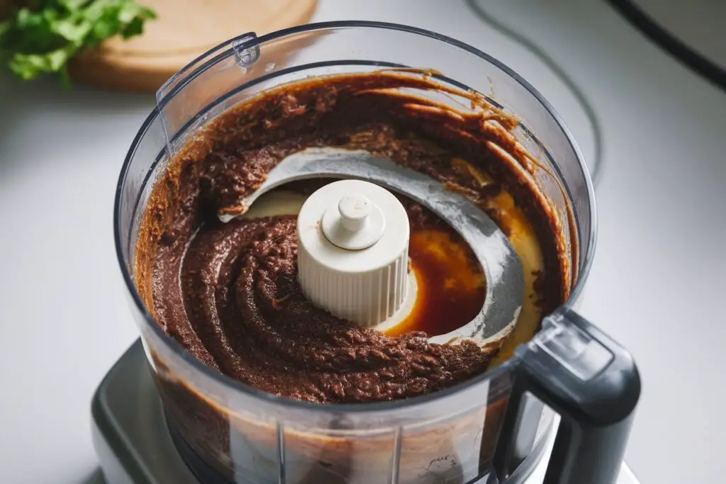 Black beans, oil, and sweetener blending into a smooth puree in a food processor.