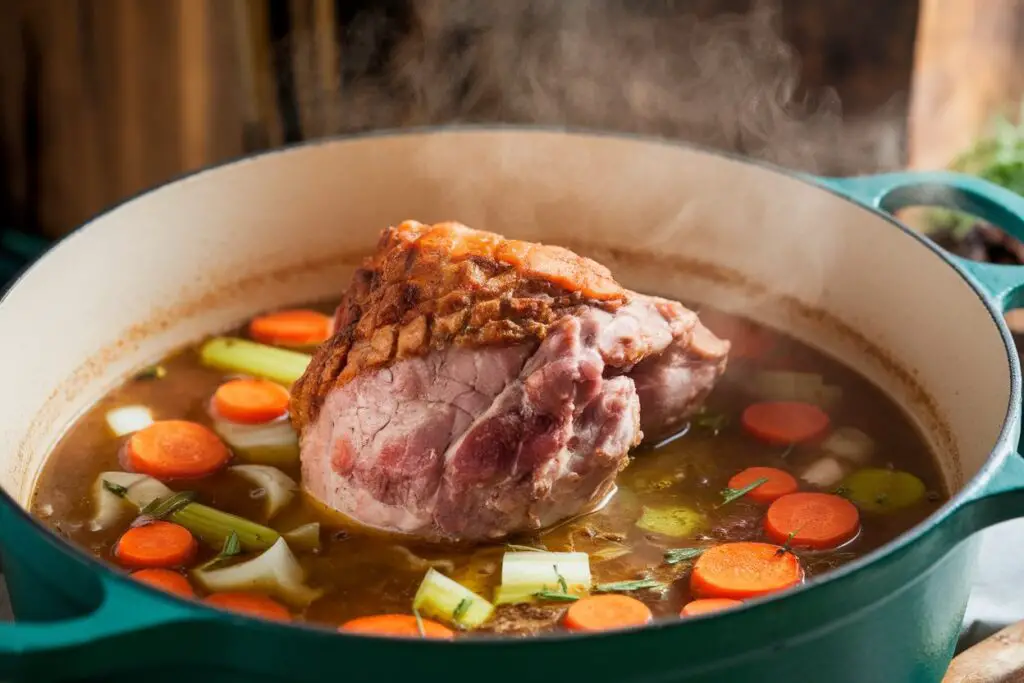 Pork knuckle braising in a Dutch oven with vegetables and broth.